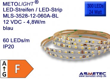 LED strip 3528, blue, 12 VDC, 300 LEDs, 24 W,  IP20, 5 m length