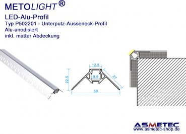 LED-Aluminium Profile P502201, alu, outside corner, plaster, 2 m long