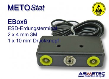 Metostat ESD Erdungsbox EBOX6, 1 x 10 mm Druckknopf, 2 x 33MJ banane - www.asmetec-shop.de