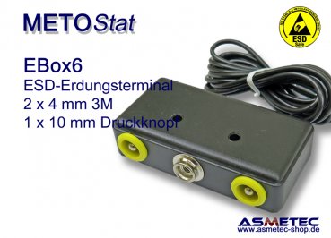 Metostat ESD Erdungsbox EBOX6, 1 x 10 mm Druckknopf, 2 x 33MJ banane - www.asmetec-shop.de