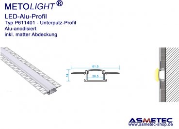 LED-Aluminium Profile P6114001, alu, under plaster, 2 m long