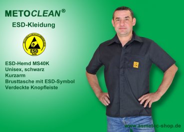 METOCLEAN ESD-Hemd MS40K-SW, schwarz, Kurzarm - www.asmetec-shop.de