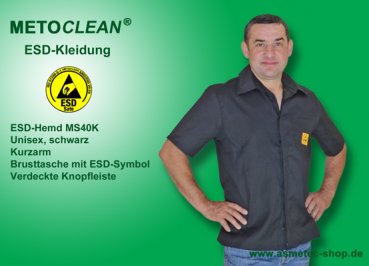 METOCLEAN ESD-Hemd MS40K-SW, schwarz, Kurzarm - www.asmetec-shop.de