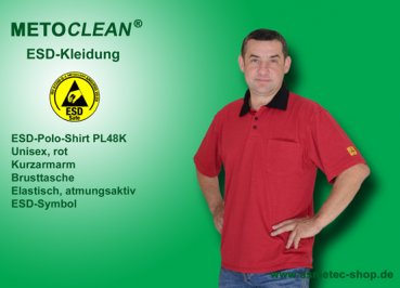 METOCLEAN ESD-Polo-Shirt PL48K-DR, rot, Kurzarm, unisex - www.asmetec-shop.de