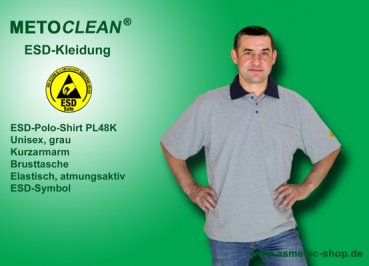 METOCLEAN ESD-Polo-Shirt PL48K-GR, grau, Kurzarm, unisex - www.asmetec-shop.de