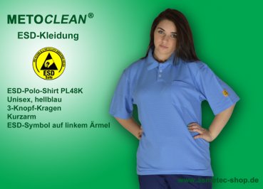 METOCLEAN ESD-Polo-Shirt PL48K-LB, hellblau, Kurzarm, unisex - www.asmetec-shop.de