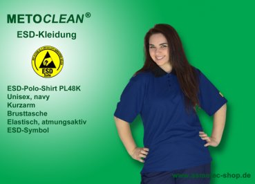 METOCLEAN ESD-Polo-Shirt PL48K-NB, navy blue, Kurzarm, unisex - www.asmetec-shop.de