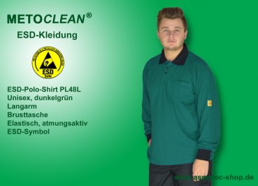 METOCLEAN ESD-Polo-Shirt PL48L-DG, dunkelgrün, Langarm, unisex - www.asmetec-shop.de