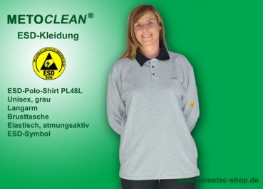 METOCLEAN ESD-Polo-Shirt PL48L-GR, grau, Langarm, unisex - www.asmetec-shop.de