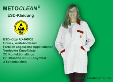 METOCLEAN ESD-Kittel UX40DCE-WDR, weiß-rot - www.asmetec-shop.de