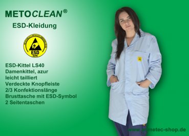 METOCLEAN ESD-Damenkittel LS40-AZ, azur - www.asmetec-shop.de