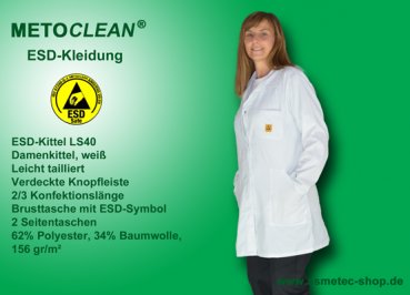 METOCLEAN ESD-Damenkittel LS40-WS, weiß - www.asmetec-shop.de