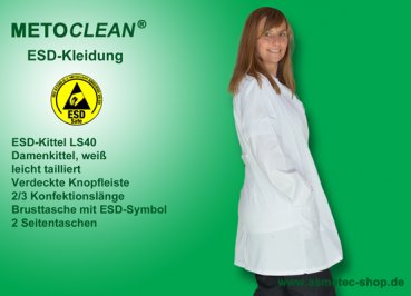 METOCLEAN ESD-Damenkittel LS40-WS, weiß - www.asmetec-shop.de