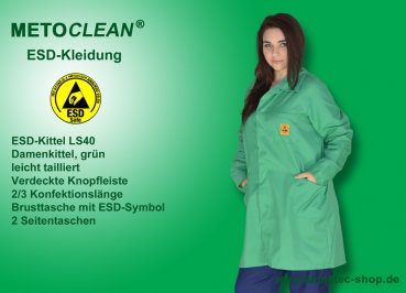 METOCLEAN ESD-Damenkittel LS40-GN, grün - www.asmetec-shop.de