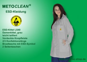 METOCLEAN ESD-Damenkittel LS40-GR, grau - www.asmetec-shop.de