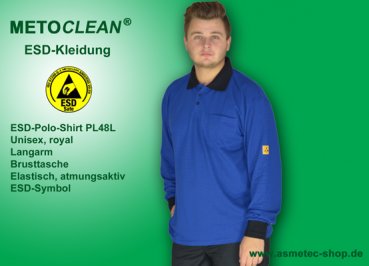 METOCLEAN ESD-Polo-Shirt PL48L-RB, royalblau, Langarm, unisex - www.asmetec-shop.de