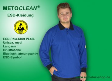 METOCLEAN ESD-Polo-Shirt PL48L-RB, royalblau, Langarm, unisex - www.asmetec-shop.de