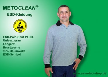 METOCLEAN ESD-Polo-Shirt PL96L, grau, Langarm, unisex - www.asmetec-shop.de