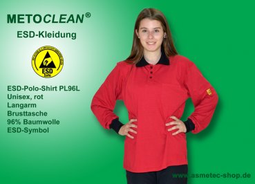 METOCLEAN ESD-Polo-Shirt PL96L, red, long sleeves, unisex - www.asmetec-shop.de