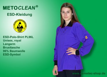 METOCLEAN ESD-Polo-Shirt PL96L, royal, Langarm, unisex - www.asmetec-shop.de