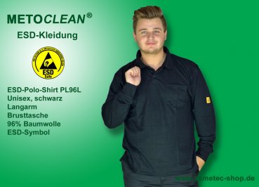 Metoclean ESD-Polo-Shirt PL96L-SW-XS, Langarm, schwarz, Größe XS