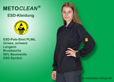 METOCLEAN ESD-Polo-Shirt PL96L, schwarz, Langarm, unisex - www.asmetec-shop.de