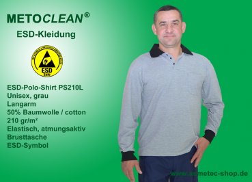 METOCLEAN ESD-Polo-Shirt PS210L-GR, grau, Langarm, unisex - www.asmetec-shop.de