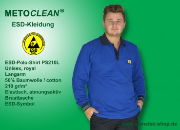 METOCLEAN ESD-Polo-Shirt PS210L-RB, royal blau, Langarm, unisex - www.asmetec-shop.de
