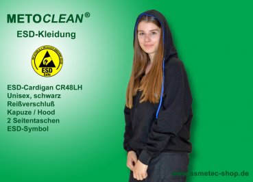 METOCLEAN ESD-Cardigan CR48LH-SW, schwarz, Langarm, Kapuze, unisex - www.asmetec-shop.de