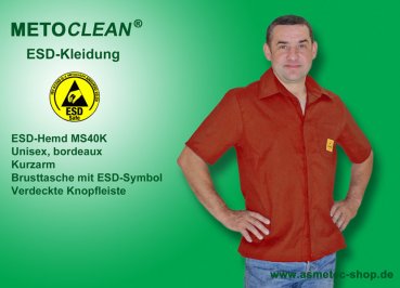 METOCLEAN ESD-Hemd MS40K-DR, bordeaux, Kurzarm - www.asmetec-shop.de