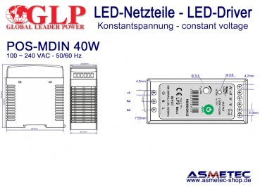 LED-Netzteil POS-MDIN  40W12, 12 VDC, 40 Watt, DIN-Hutschiene