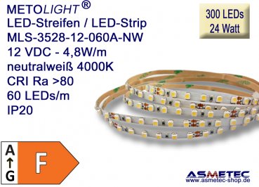 LED-Streifen 3528, neutralweiß, 12 VDC, 300 LEDs, 24 W, IP20, 5 m lang