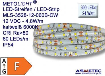 LED-Streifen 3528, kaltweiß, 12 VDC, 300 LEDs, 24 W, IP54, 5 m lang
