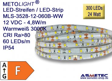 LED-Streifen 3528, wamweiß, 12 VDC, 300 LEDs, 24 W, IP54, 5 m lang