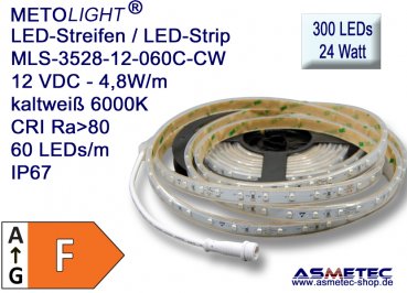 LED-Streifen 3528, kaltweiß, 12 VDC, 300 LEDs, 24 W, IP67, 5 m lang