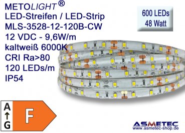 LED-Streifen 3528, kaltweiß, 12 VDC, 600 LEDs, 48 W, IP54, 5 m lang