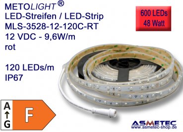 LED-Streifen 3528, rot, 12 VDC, 600 LEDs, 48 W, IP67, 5 m lang
