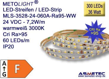 LED-Streifen 3528, warmweiß, CRI Ra95, 24 VDC, 300 LEDs, 36 Watt, IP20, 5 m lang