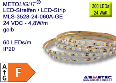 LED strip 3528, yellow, 24 VDC, 300 LEDs, 24 W, IP20, 5 m length