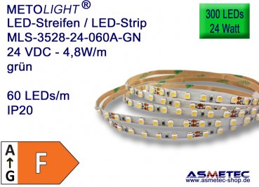 LED strip 3528, green, 24 VDC, 300 LEDs, 24 W, IP20, 5 m length