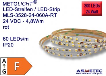LED strip 3528, red, 24 VDC, 300 LEDs, 24 W, IP20, 5 m length