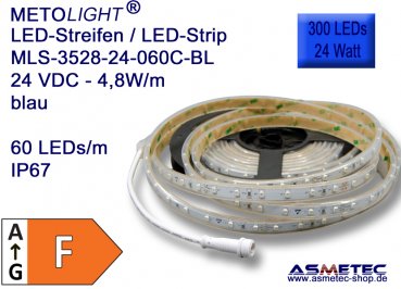 LED-Streifen 3528, blau, 24 VDC, 300 LEDs, 24 W, IP67, 5 m lang