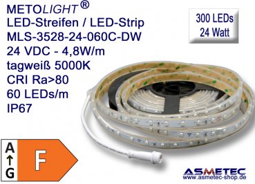 LED-Streifen 3528, tagweiß, 24 VDC, 300 LEDs, 24 W, IP67, 5 m lang