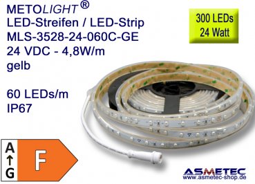 LED-Streifen 3528, gelb, 24 VDC, 300 LEDs, 24 W, IP67, 5 m lang