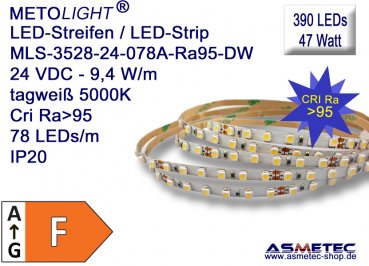 LED-Streifen 3528, tagweiß, CRI Ra95, 24 VDC, 390 LEDs, 47 Watt, IP20, 5 m lang