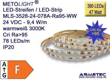 LED-Streifen 3528, warmweiß, CRI Ra95, 24 VDC, 390 LEDs, 47 Watt, IP20, 5 m lang