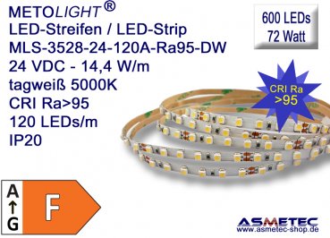 LED-Streifen 3528, tagweiß, CRI Ra95, 24 VDC, 600 LEDs, 72 Watt, IP20, 5 m lang