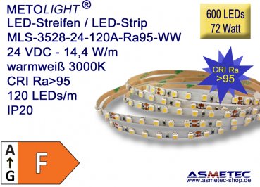 LED-Streifen 3528, warmweiß, CRI Ra95, 24 VDC, 600 LEDs, 72 Watt, IP20, 5 m lang