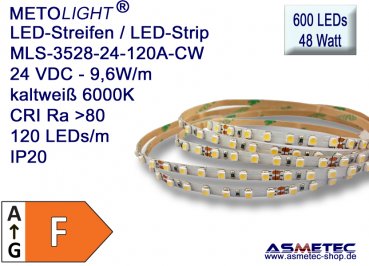 LED strip 3528, cold white,  24 VDC, 600 LEDs, 48 W, IP20, 5 m length