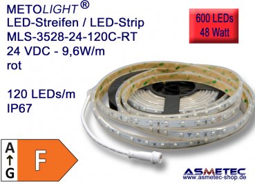 LED-Streifen 3528, rot, 24 VDC, 600 LEDs, 48 W, IP67, 5 m lang